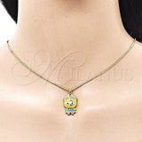 Cute Monster Pendant Necklace, Gold Filled Style Box and Bow Design, with White Cubic Zirconia, Yellow Enamel Finish, Golden Finish