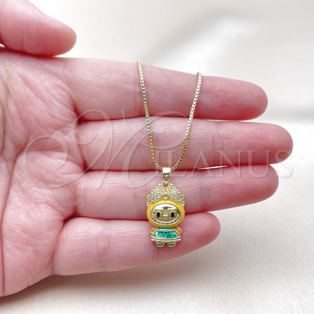 Cute Monster Pendant Necklace, Gold Filled Style Box and Bow Design, with White Cubic Zirconia, Yellow Enamel Finish, Golden Finish