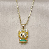 Cute Monster Pendant Necklace, Gold Filled Style Box and Bow Design, with White Cubic Zirconia, Yellow Enamel Finish, Golden Finish
