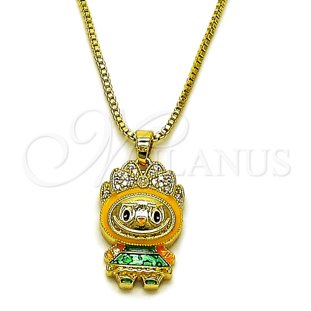 Gold Plated Gold Filled Oro Laminado Milanus Oro Laminado Pendant Necklace, Gold Filled Style Box and Bow Design, with White Cubic Zirconia, Yellow Enamel Finish, Golden Finish, 04.156.0468.18