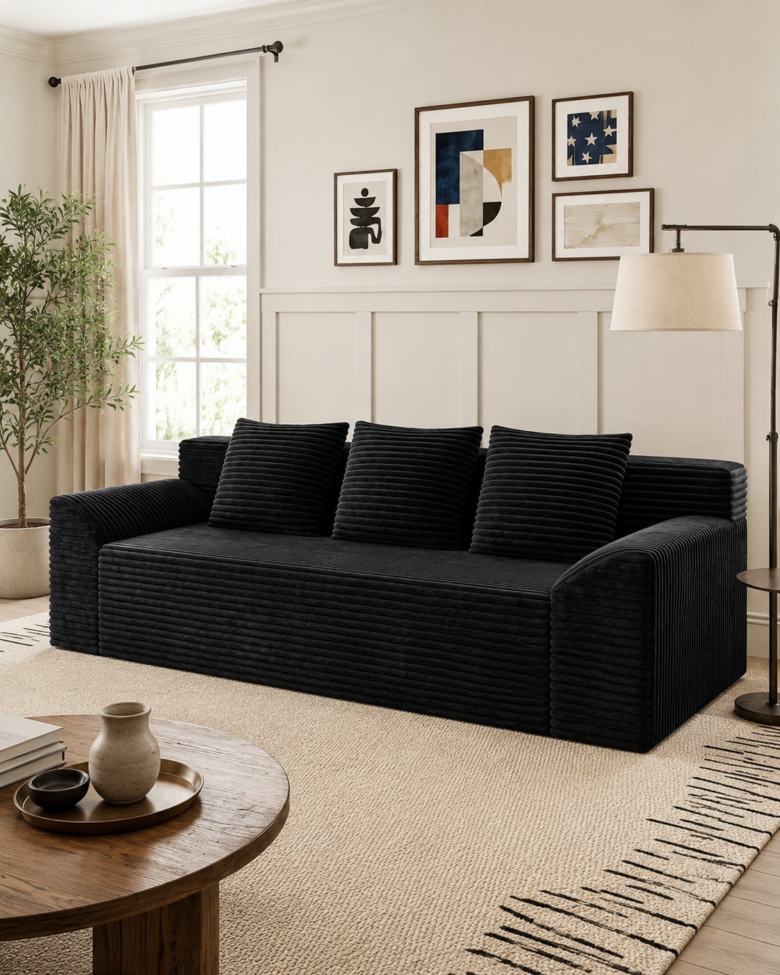 71”Inch Modern Corduroy Sleeper Sofa | Deep Seat Floor Couch with Wide Armrests, Side Pockets & Plush Pillows for Living Room