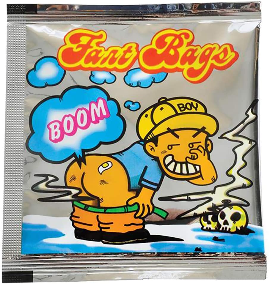 The vibrant packaging of "15 Fart Stink Bombs Nasty Smelly Butt Ass Gas Odor Bags" showcases a cartoon character pinching their nose with a speech bubble exclaiming "BOOM." This amusing prank toy is ideal for a good laugh or for stocking up on wholesale fart bags to ensure endless fun.