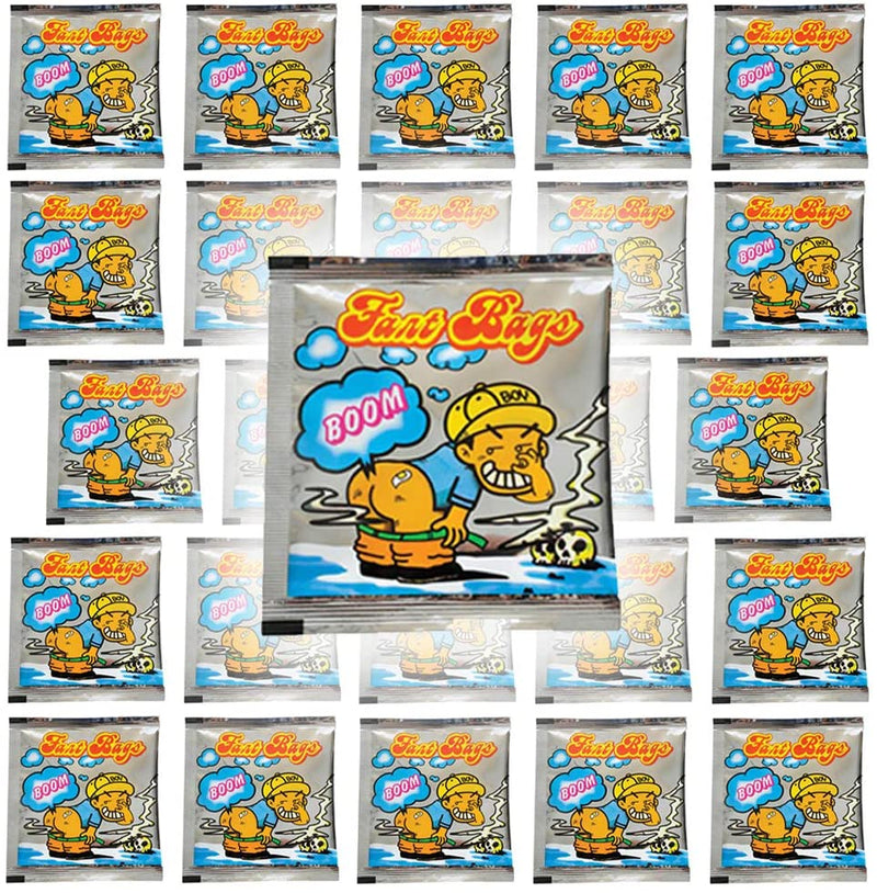 A vibrant display of the 15 Fart Stink Bombs packaging features a cartoon character surrounded by an explosive "BOOM," embodying the playful spirit of this prank item. Perfect for pranksters, these smelly butt odor bags guarantee laughter with every use.