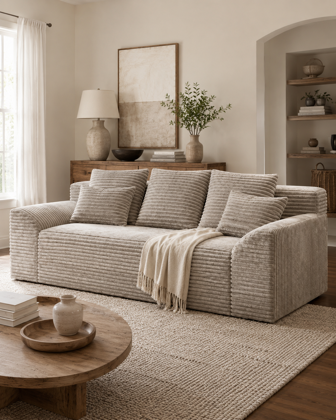 71”Inch Modern Corduroy Sleeper Sofa | Deep Seat Floor Couch with Wide Armrests, Side Pockets & Plush Pillows for Living Room