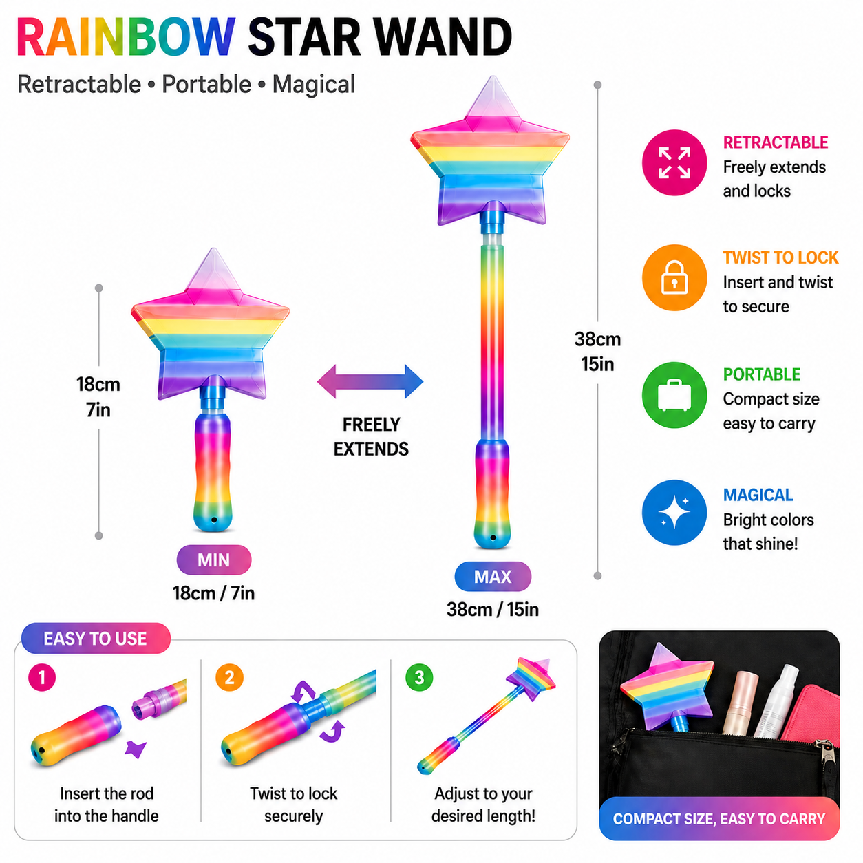 Retractable Rainbow Star No-Touch Payment Wand | Cute Contactless Tap Tool for Cards, Screens, Gas Pumps, Kiosks & Everyday Shopping