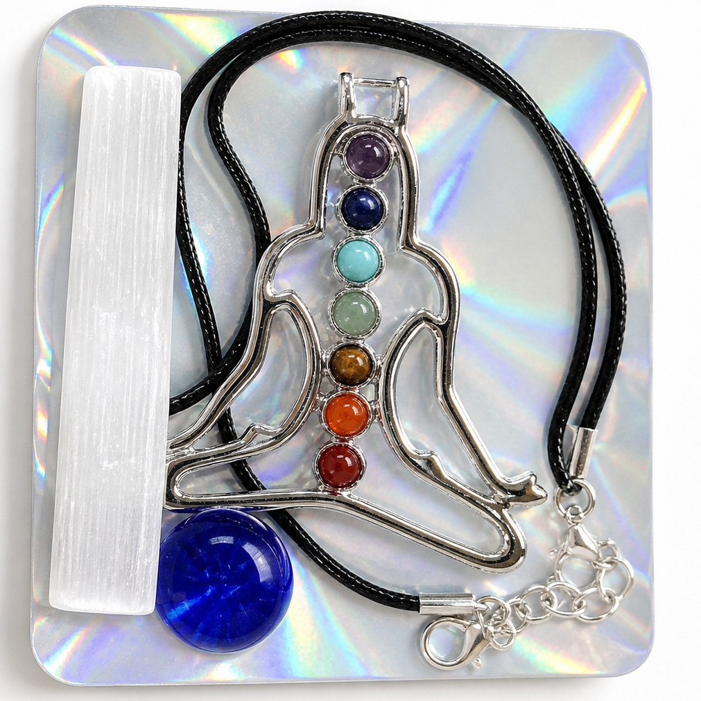Howling Wolf Chakra Crystal Necklace Gift Set with Selenite Wand