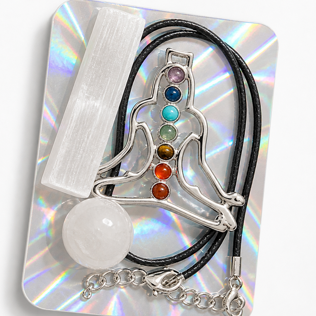 Howling Wolf Chakra Crystal Necklace Gift Set with Selenite Wand