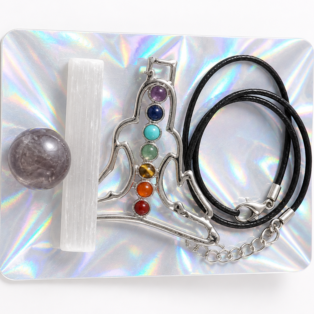 Howling Wolf Chakra Crystal Necklace Gift Set with Selenite Wand
