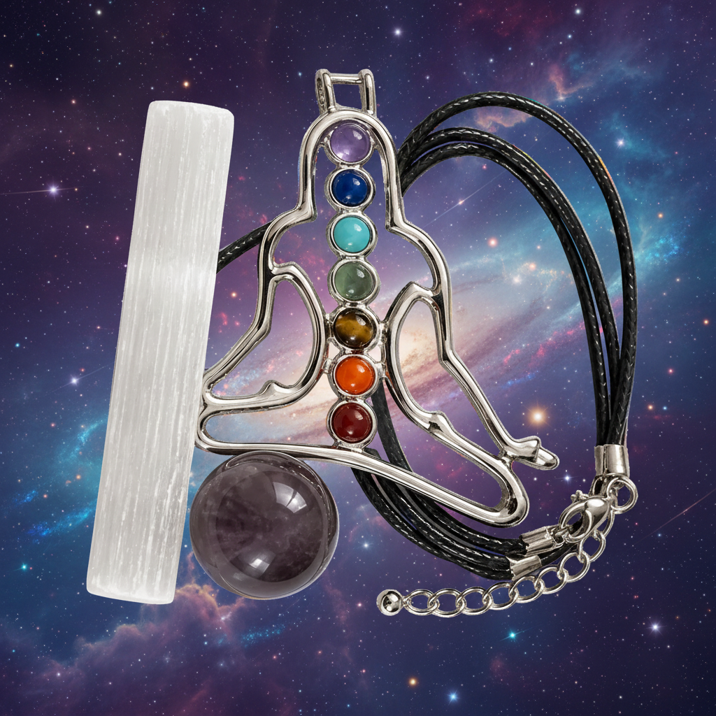 Howling Wolf Chakra Crystal Necklace Gift Set with Selenite Wand