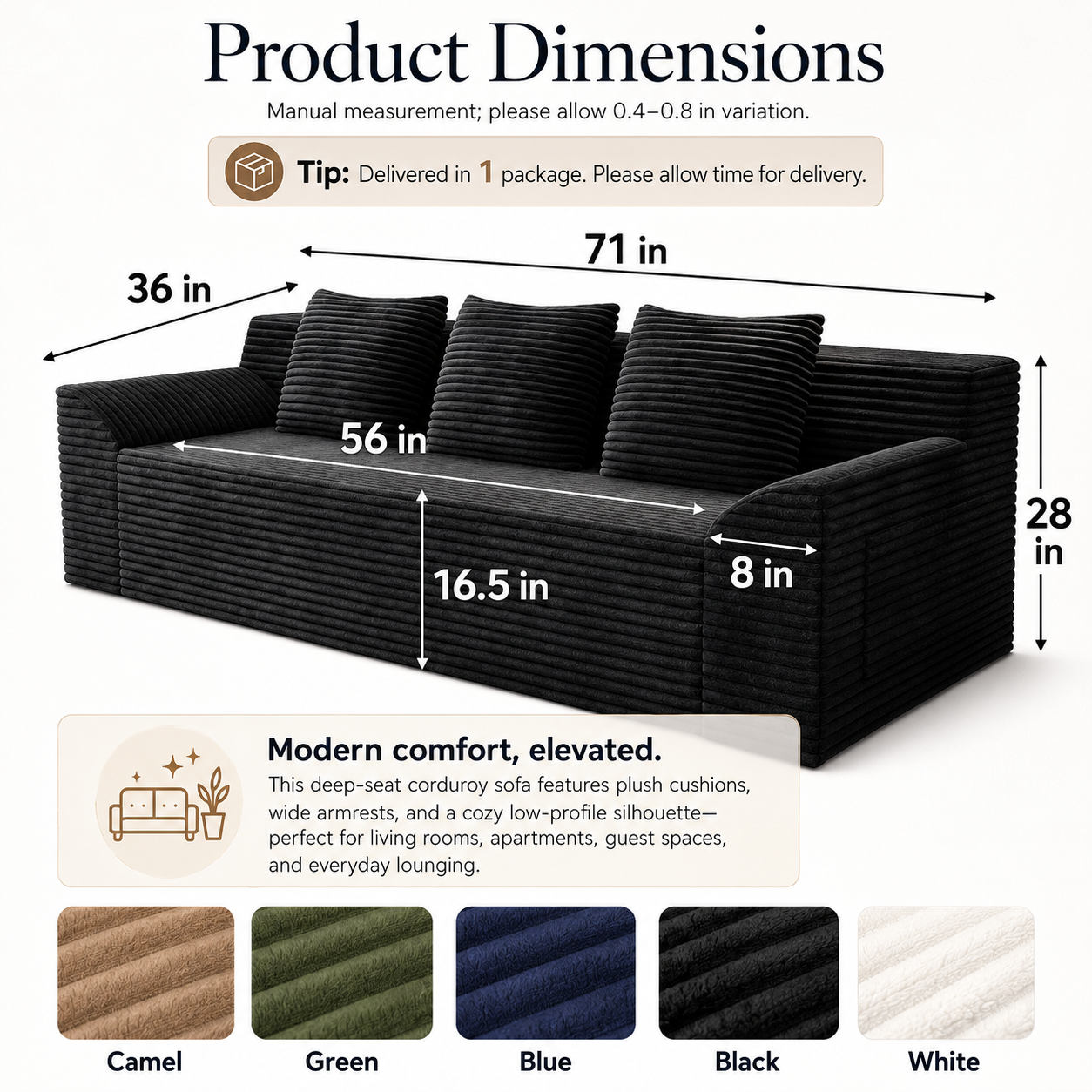 71”Inch Modern Corduroy Sleeper Sofa | Deep Seat Floor Couch with Wide Armrests, Side Pockets & Plush Pillows for Living Room