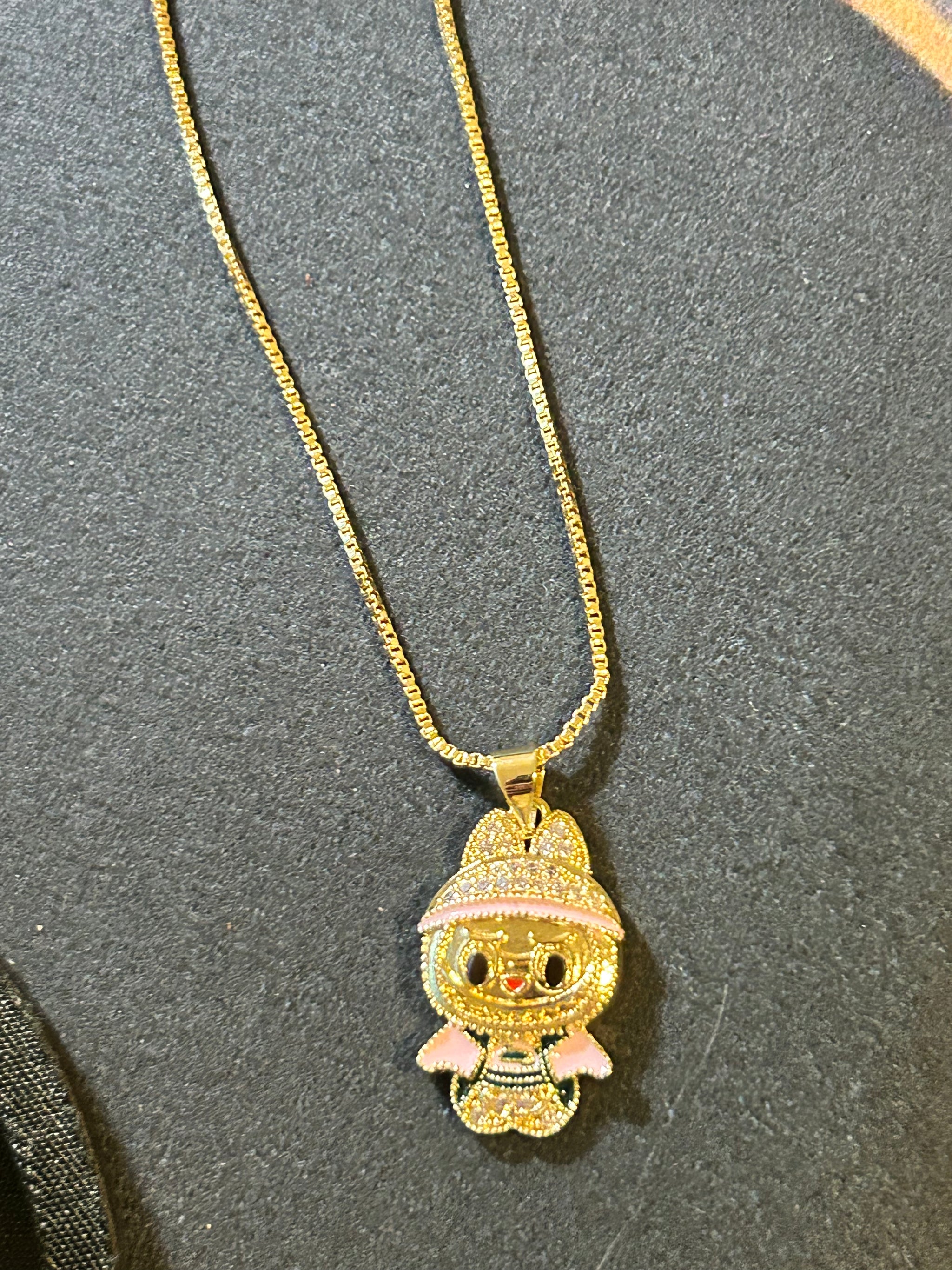 Cute Monster Pendant Necklace, Gold Filled Style Box and Bow Design, with White Cubic Zirconia, Yellow Enamel Finish, Golden Finish