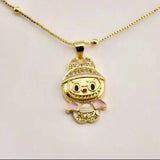 Cute Monster Pendant Necklace, Gold Filled Style Box and Bow Design, with White Cubic Zirconia, Yellow Enamel Finish, Golden Finish