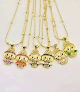 Cute Monster Pendant Necklace, Gold Filled Style Box and Bow Design, with White Cubic Zirconia, Yellow Enamel Finish, Golden Finish