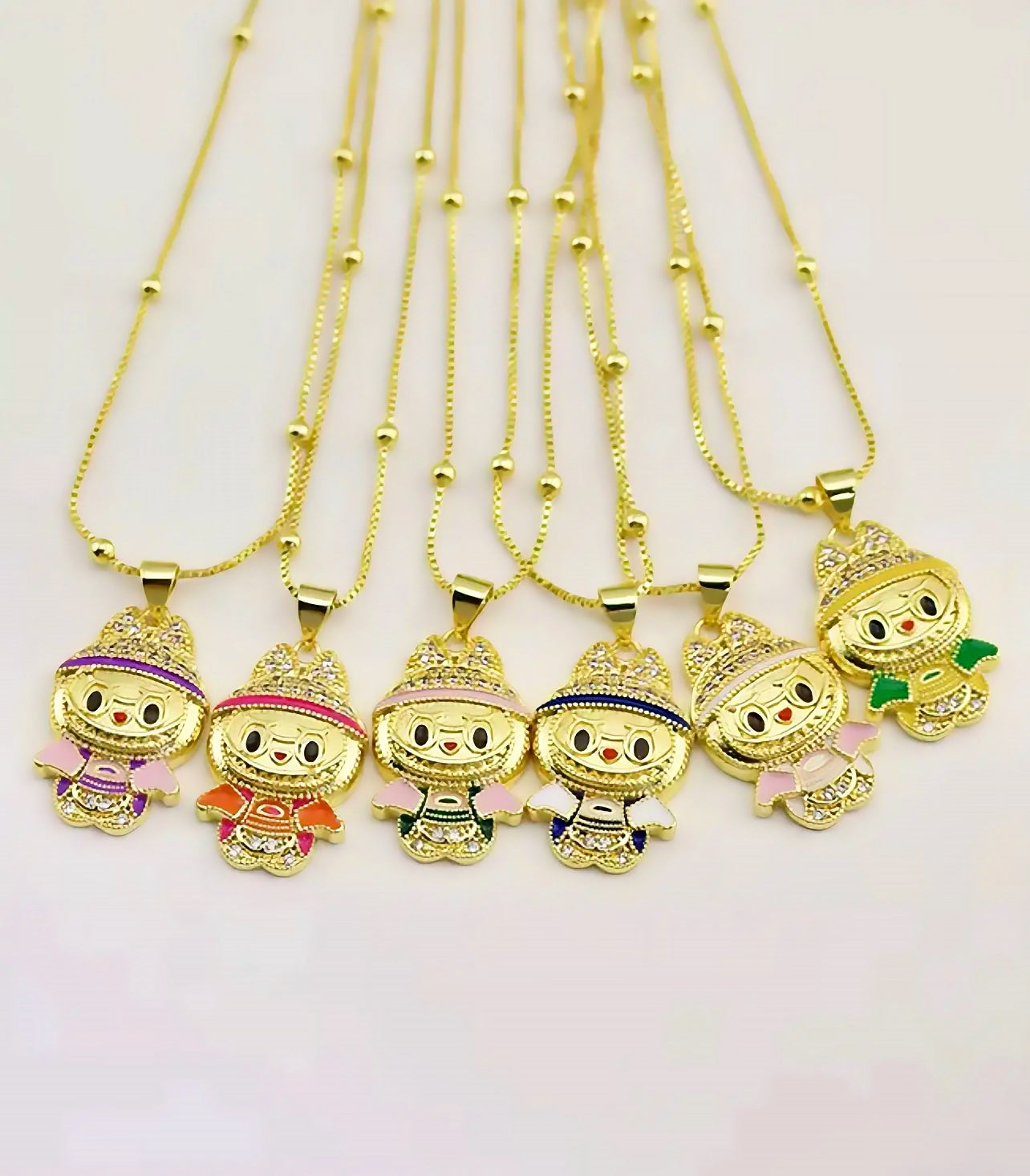 Cute Monster Pendant Necklace, Gold Filled Style Box and Bow Design, with White Cubic Zirconia, Yellow Enamel Finish, Golden Finish