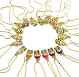 Cute Monster Pendant Necklace, Gold Filled Style Box and Bow Design, with White Cubic Zirconia, Yellow Enamel Finish, Golden Finish