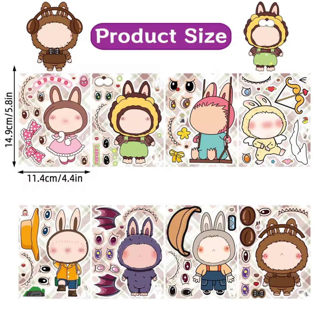 8 Sheets for LABUBU Stickers Make-a-Face Stickers Large Size, Mixed & Matched 8 Characters with Interchangeable Eyes & Mouths Waterproof Vinyl for DIY Party Favors