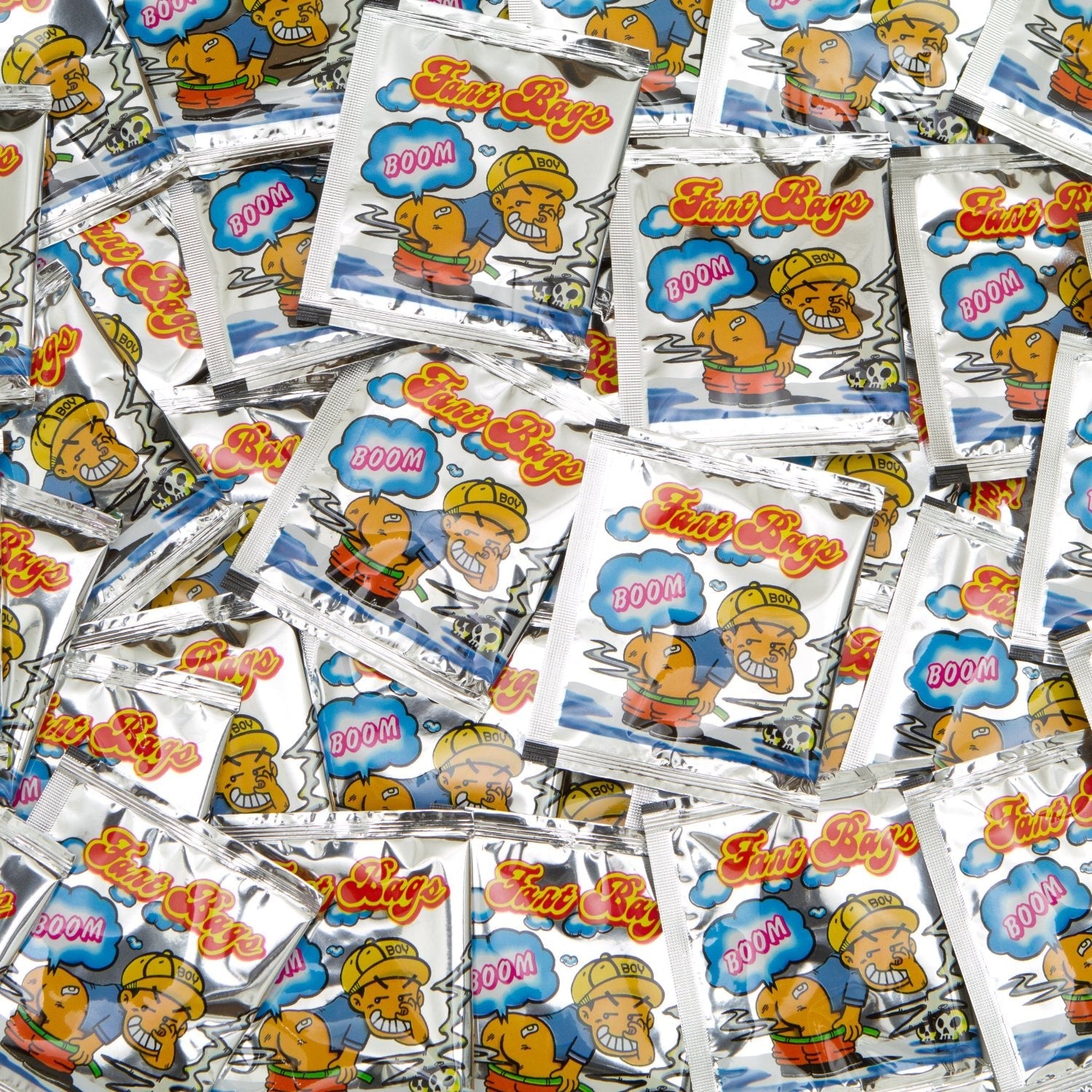 A stack of vibrant packets labeled "15 Fart Stink Bombs" looks like a playful prank toy. The packaging features cartoon characters and prominently displays the word "BOOM," enhancing its mischievous charm.