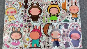 8 Sheets for LABUBU Stickers Make-a-Face Stickers Large Size, Mixed & Matched 8 Characters with Interchangeable Eyes & Mouths Waterproof Vinyl for DIY Party Favors